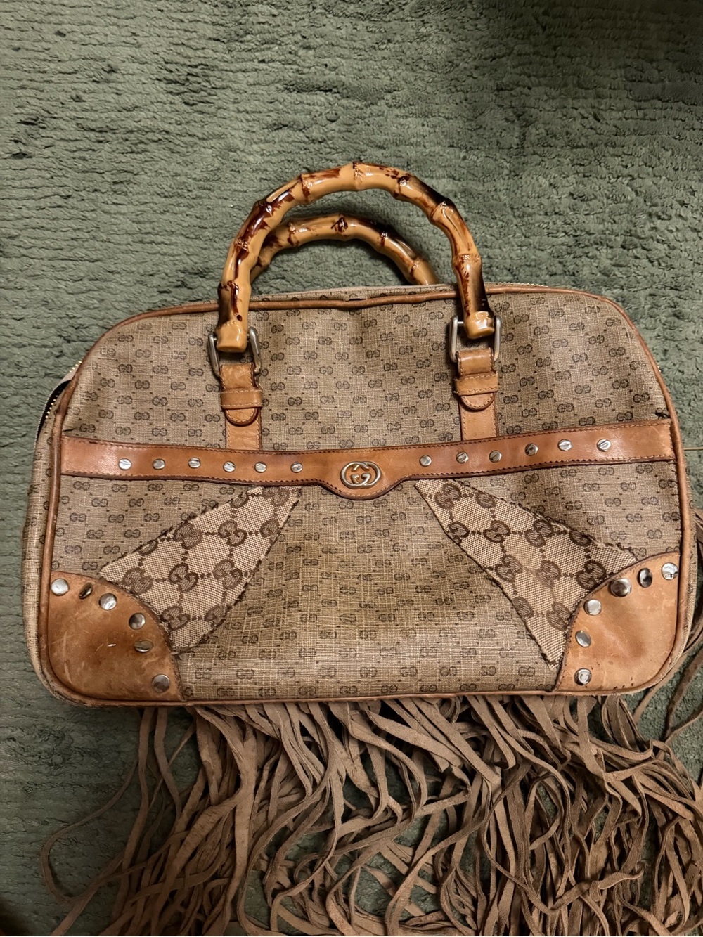 Custom Gucci Brown GG Canvas Bamboo-Handle Fringe Satchel
